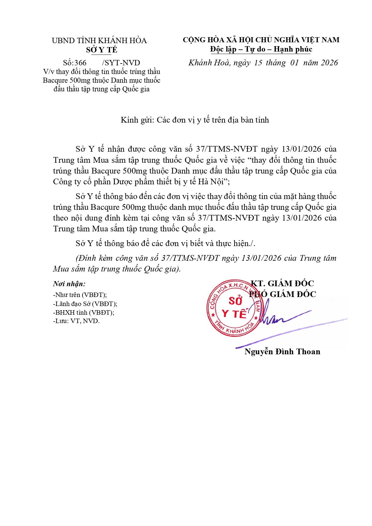 V/v thay đổi thông tin thuốc trúng thầu Bacqure 500mg thuộc Danh mục thuốc đấu thầu tập trung cấp Quốc gia